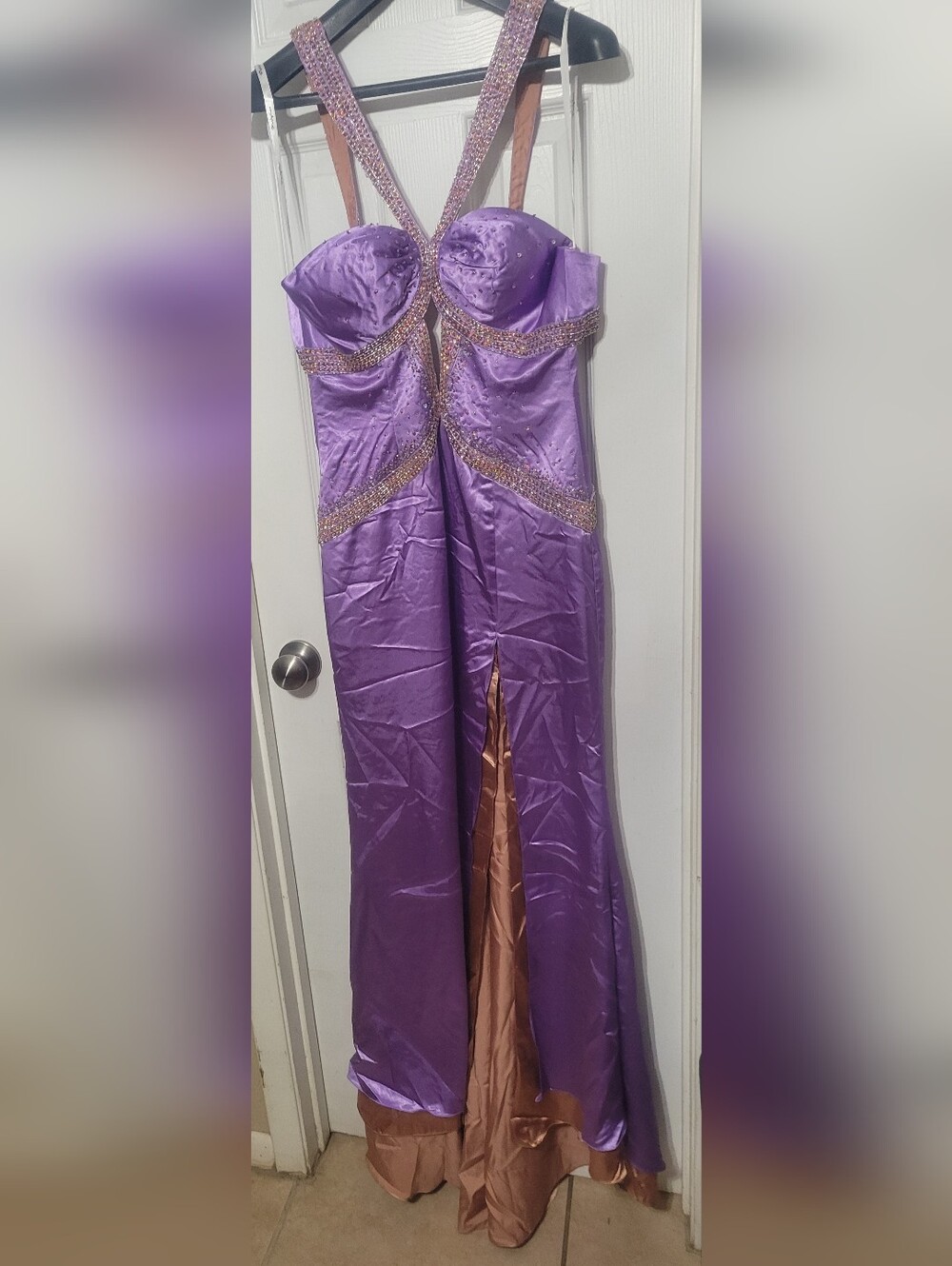 Partytime Violet And Coffee Beaded Satin Evening/ Prom/ Pagent Gown Size 8